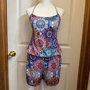 Multicolor Halter Tie Geometric Jumper Romper Shorts Size Small